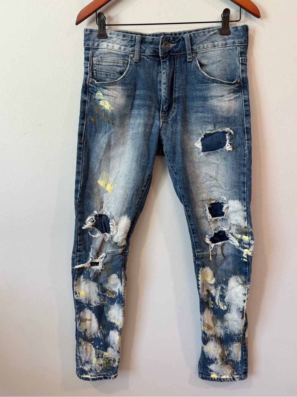 Men's Skinny/Strt Distressed Blue Paint-Detail Jeans Sz 32